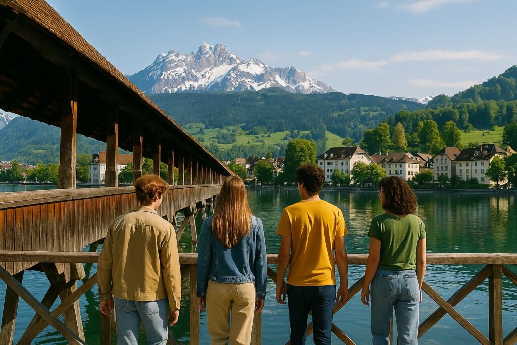 Jóvenes apreciando un lago suizo rodeado de montañas nevadas.